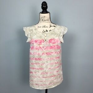 ELLE Flutter Cap Sleeves Striped Floral Blouse